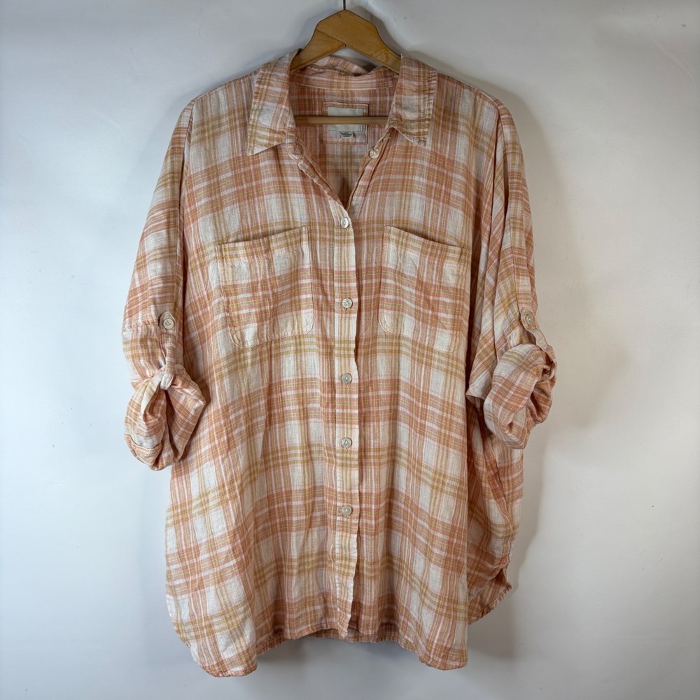 American Eagle Button Down Shirt Womens Large Plaid Linen Blend Oversized